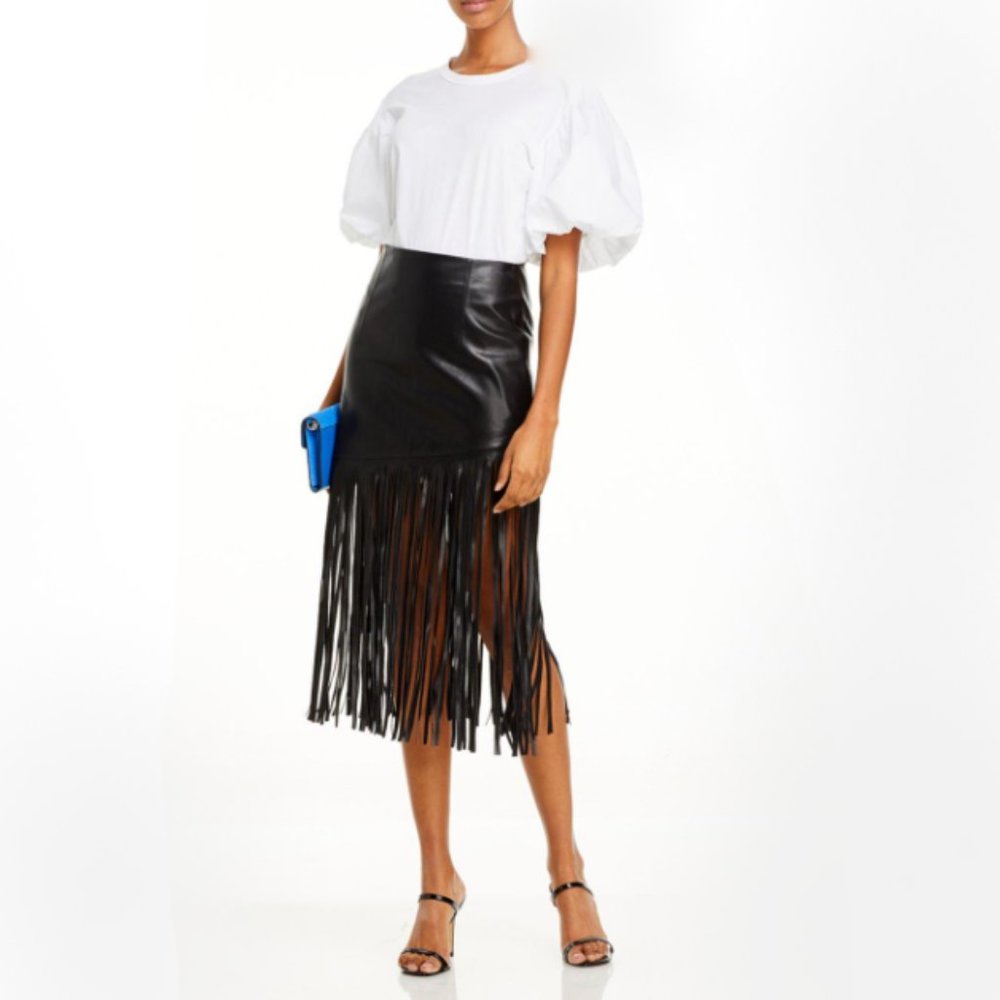 BAGATELLE.NYC black fringed faux leather midi skirt M